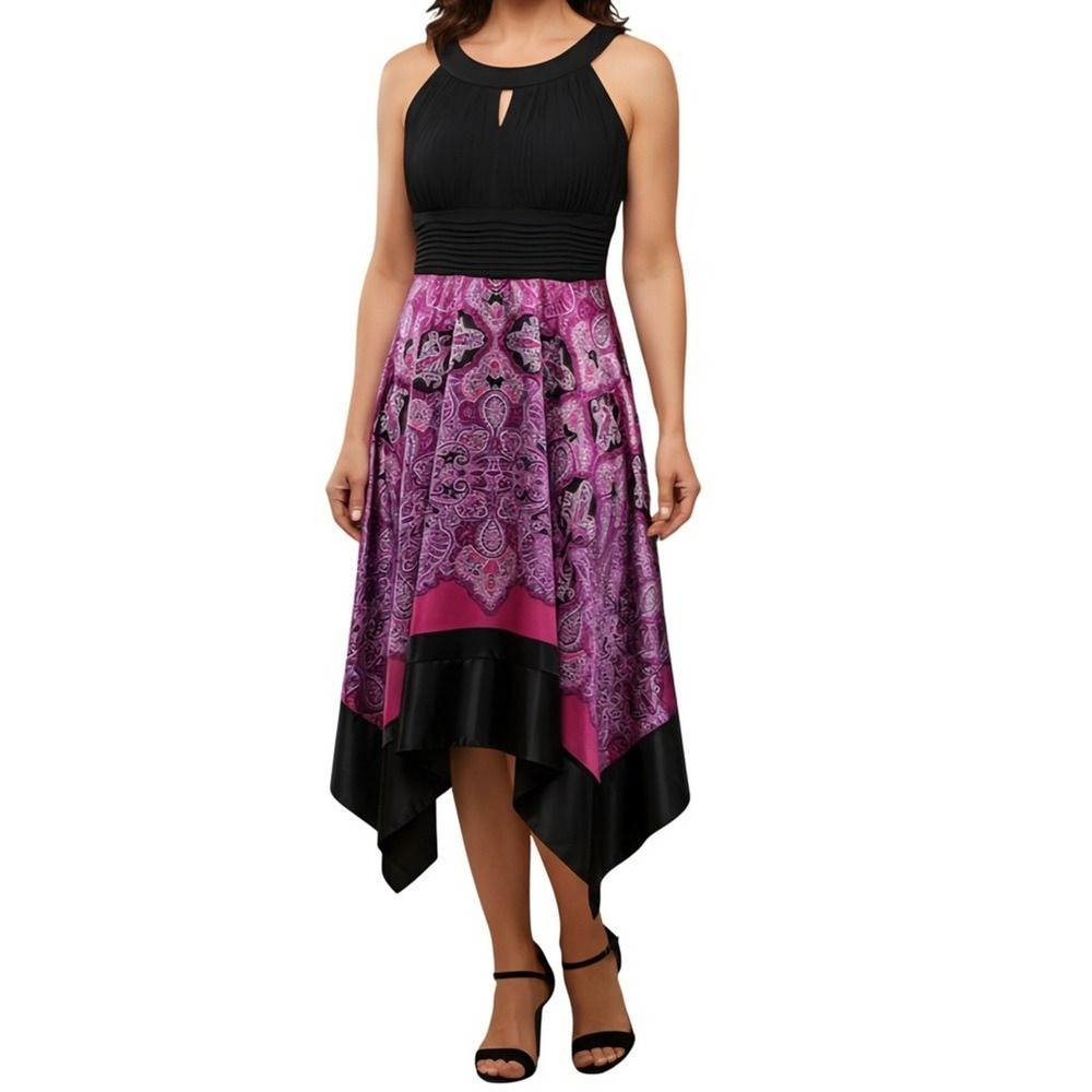 Boho Womens Paisley Handkerchief Hem Dress Satin‎ Trim Halter Keyhole Neckline
